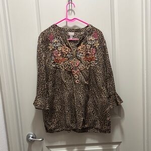 Chico's Brown Leopard Tunic with Floral Embroidery